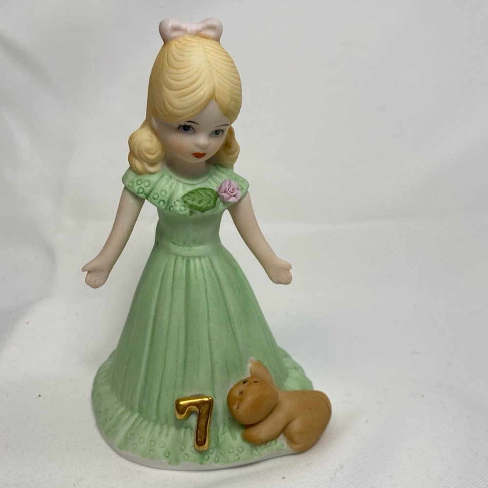 Vintage Growing Up Birthday Girls Enesco 7 Green Dress Cat Pink Flower